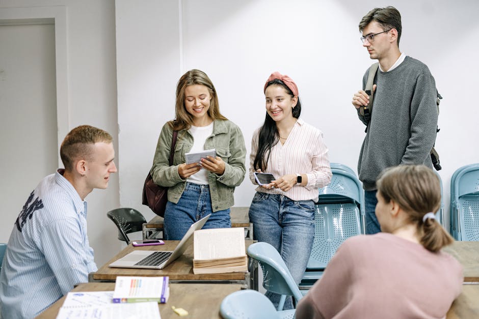 A diverse group of college students engaging in a lively study session indoors